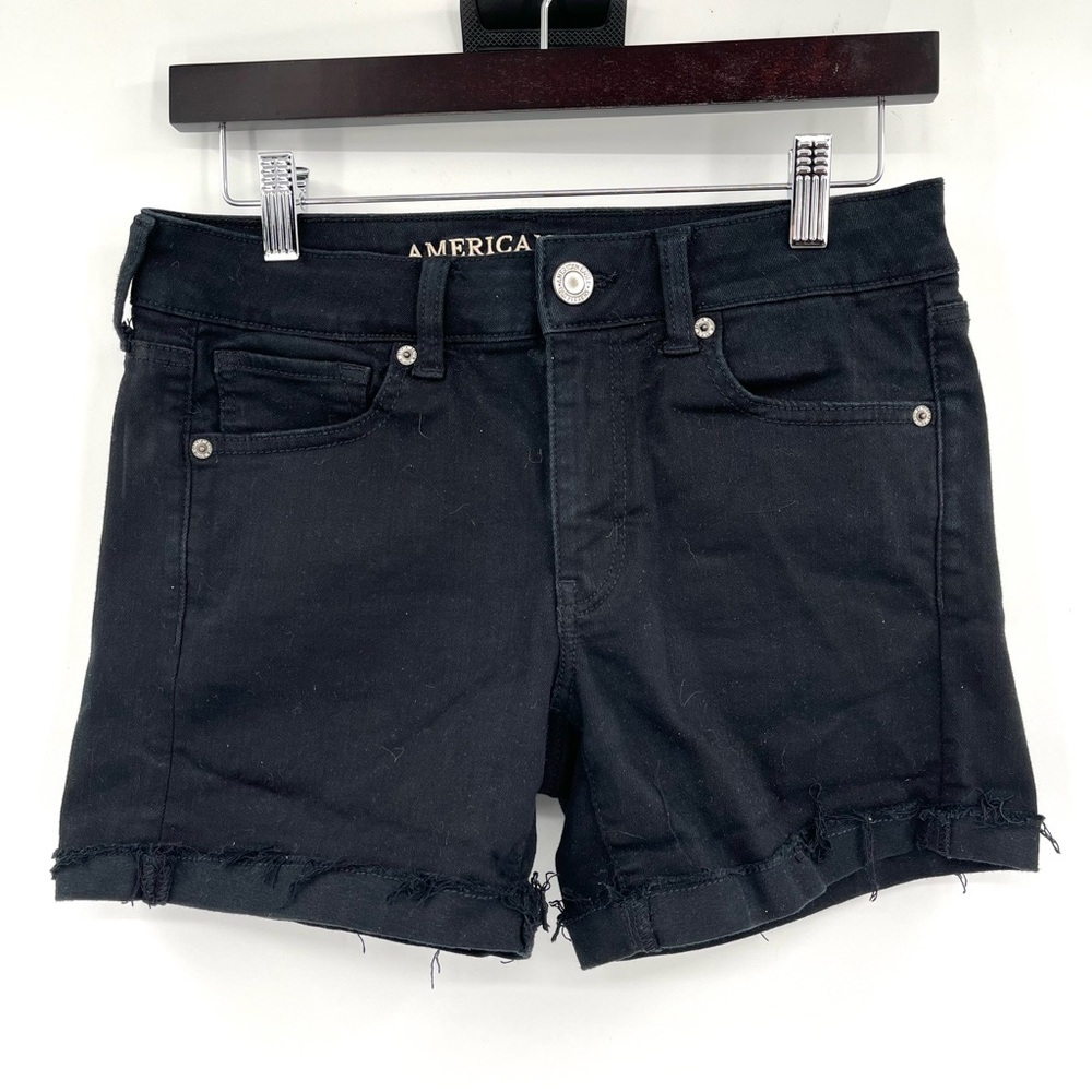 AMERICAN EAGLE Midi Shorts Black Stretch Denim Raw Hem Cuffed 8 AE 4.5" Inseam